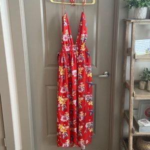Hawaiian Print Red Backless Halter Dress